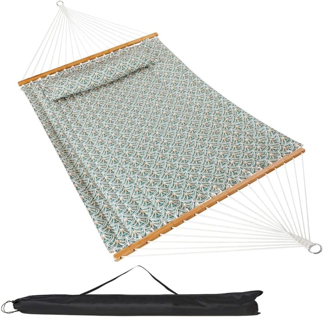 HMK New Style Quilted Stripes Print Fabric Hammock with Spreader Bar and Soft Pillow Double Quilted Fabric Hammock