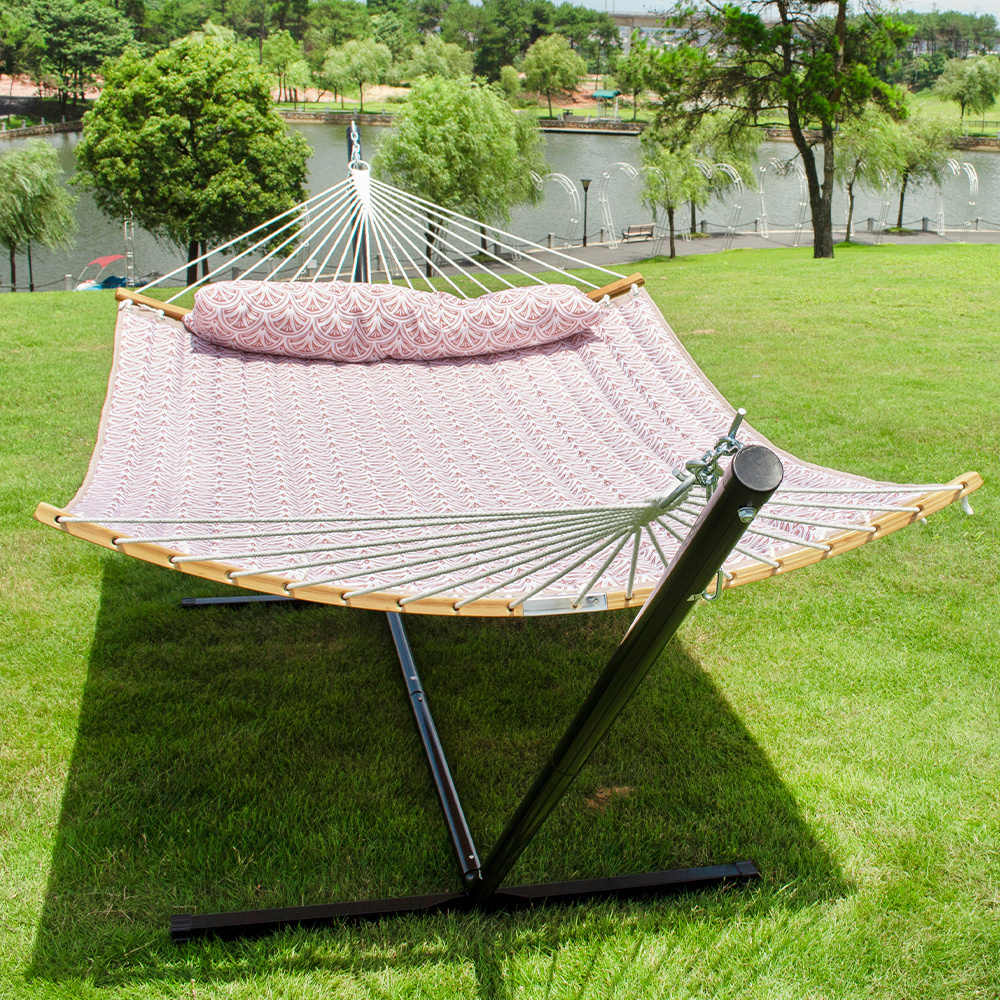 HMK 2 Person Double Hammock with 12 Foot Portable Steel Stand and Curved Bamboo Spreader Bars Detachable Pillow Quilted Fabric