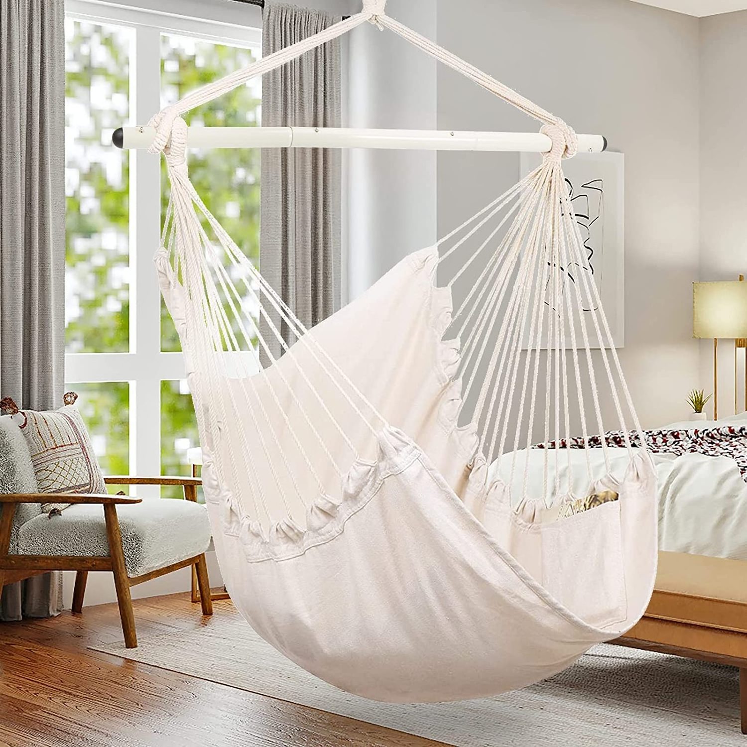 HMK High Quality Cotton macrame Swing Chair with pillow outdoor garden hammock chair