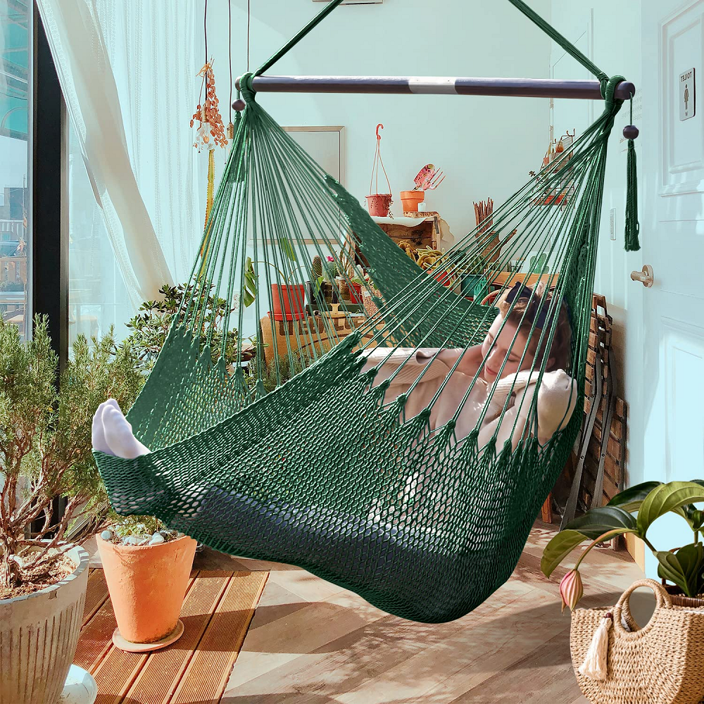 HMK Macrame Boho Indoor Hanging Hammock Swing Chair With Bead Tassel Bedroom Hanging Swing Chair