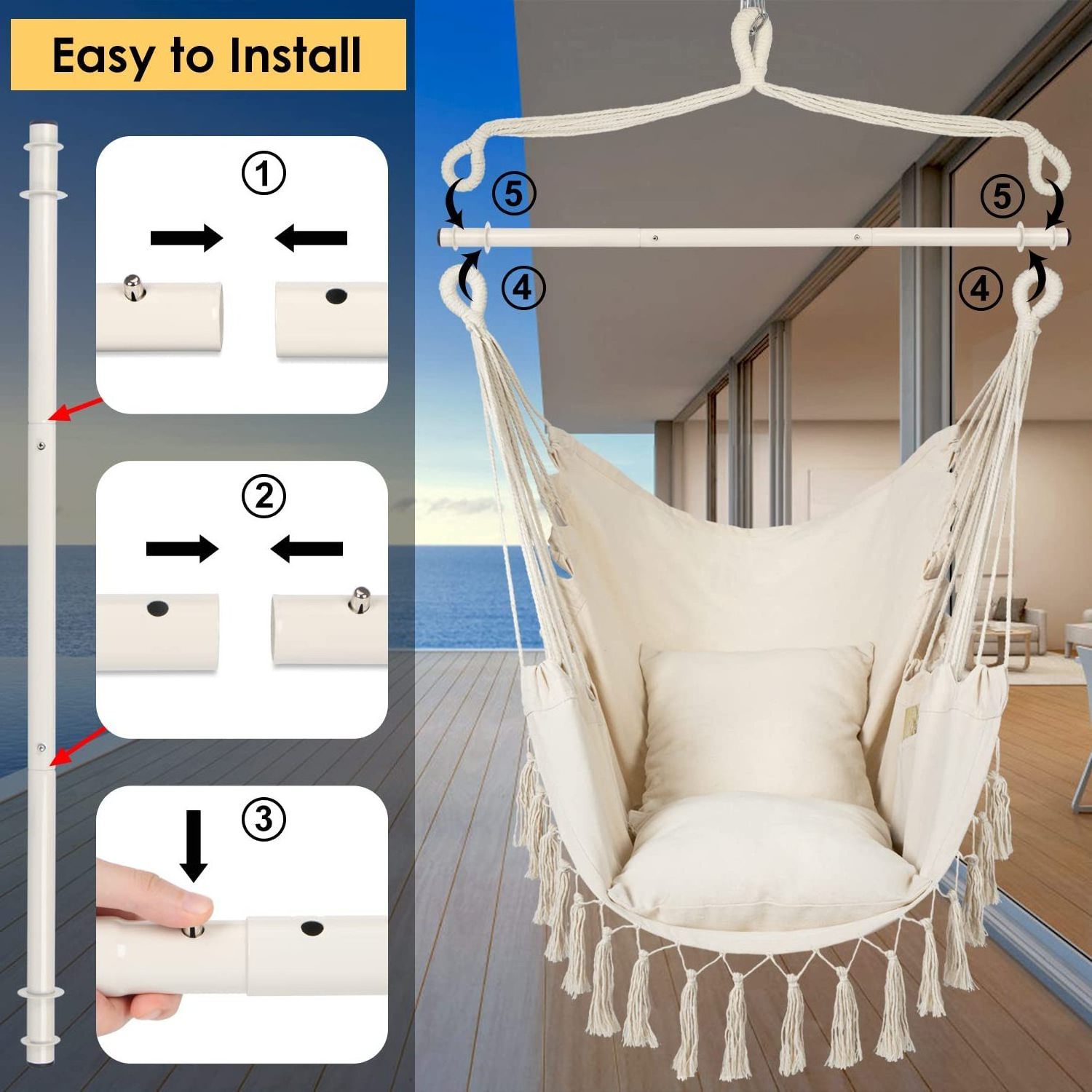 HMK Indoor cotton hanging swing chair outdoor patio garden swing chair 2 cushions hanging swing chair