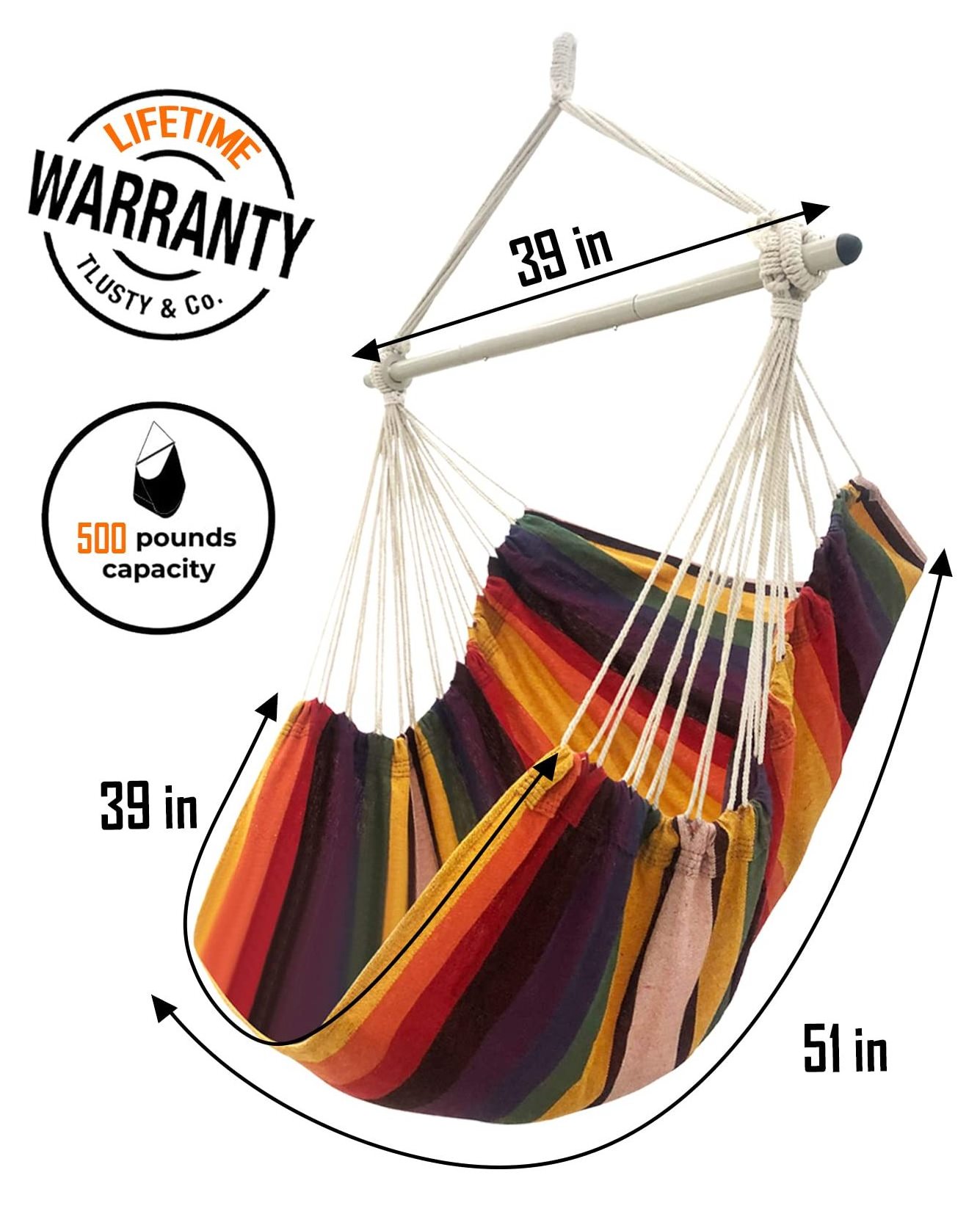 Striped Hammock Chair with Two Cushions Durable Wooden Pole Up to 440 lbs Bedroom Indoor and Outdoor Patio Porch or Tree Swing