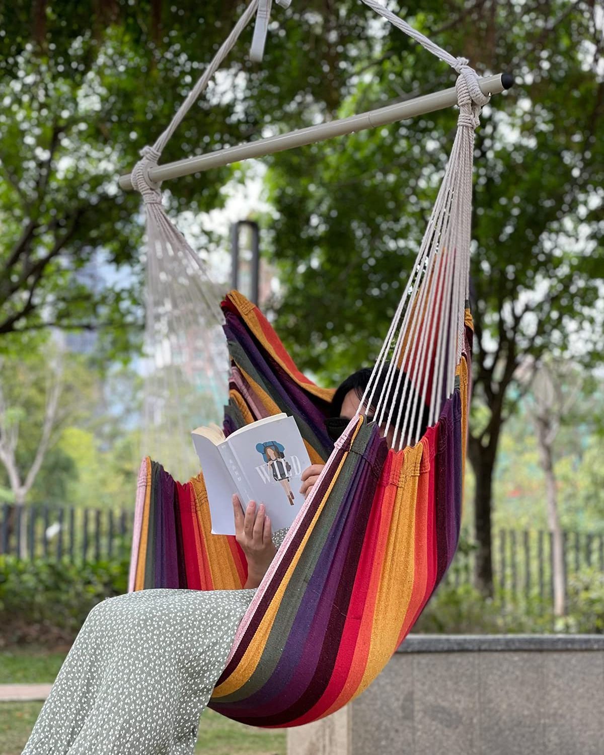 Striped Hammock Chair with Two Cushions Durable Wooden Pole Up to 440 lbs Bedroom Indoor and Outdoor Patio Porch or Tree Swing