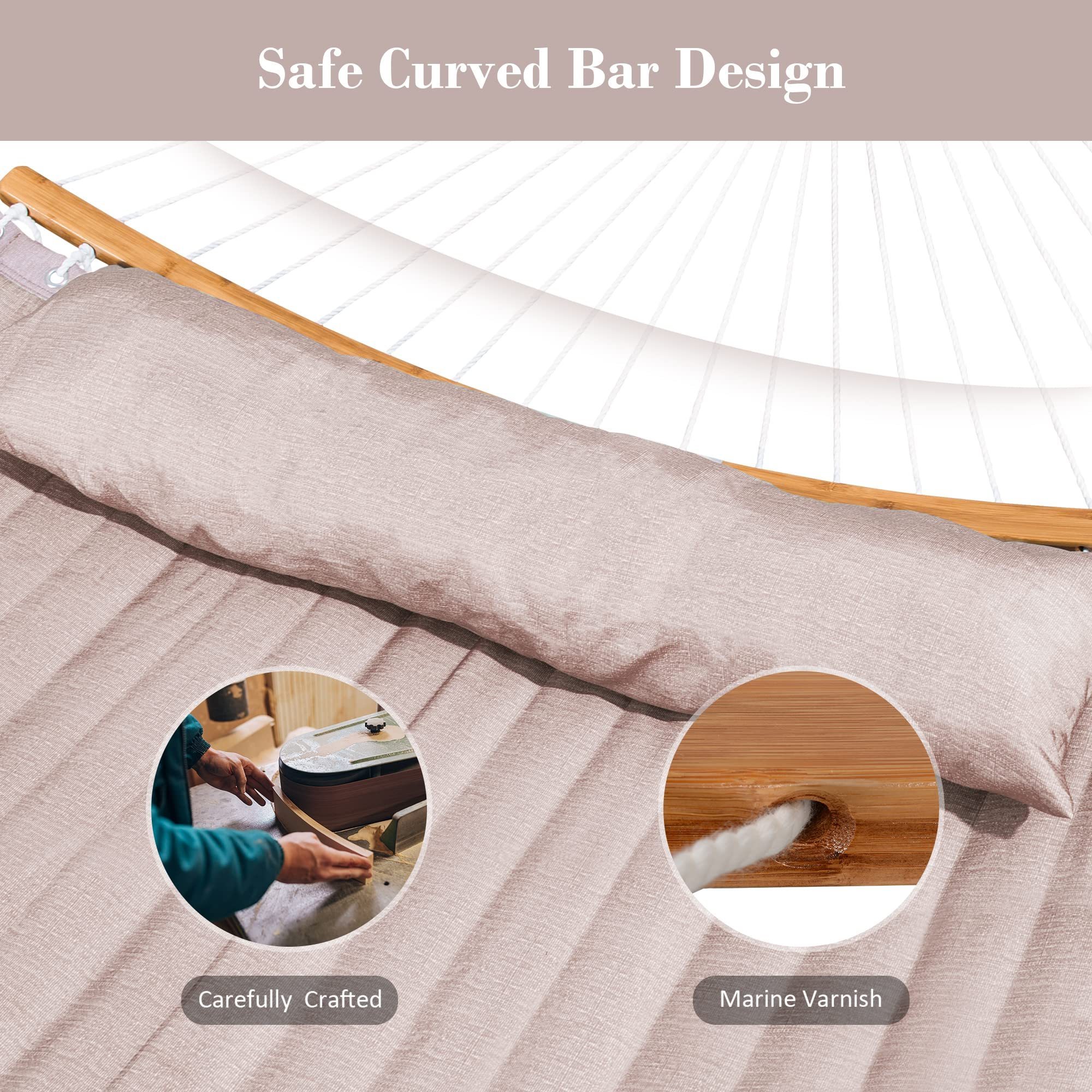 Quilted Hammocks Fabric Double Hammock with Detachable Curved Bamboo Spreader Bar and Soft Pillow, Max 450 lbs Capacity