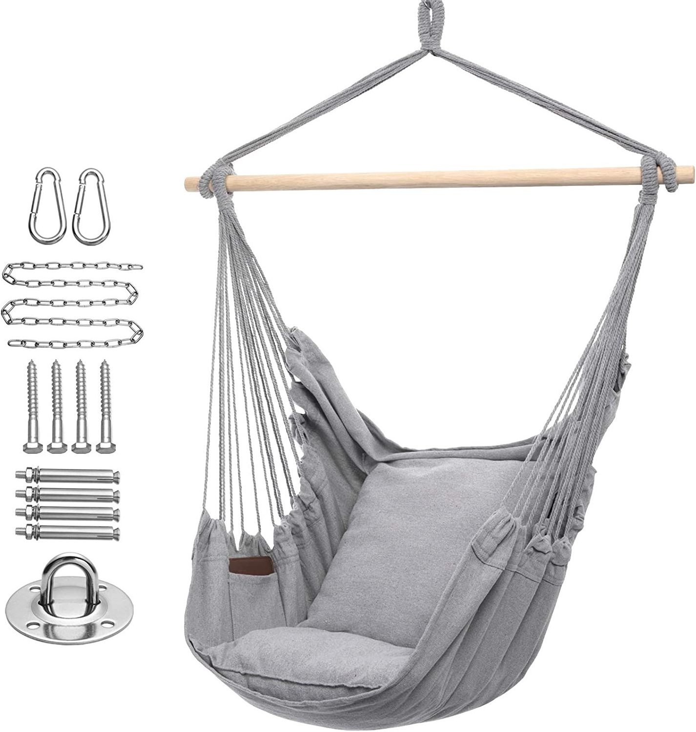 HMK Patio Hammock Chair Outdoor Swing Bedroom Outside Stand Hanging Chair With 2 Seat Pillows