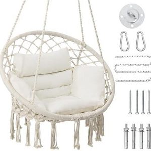 HMK Perfect for Bedroom Porch Adults Balcony Beige Macrame Hammock Hanging Swinging Chair with Medium Cushion