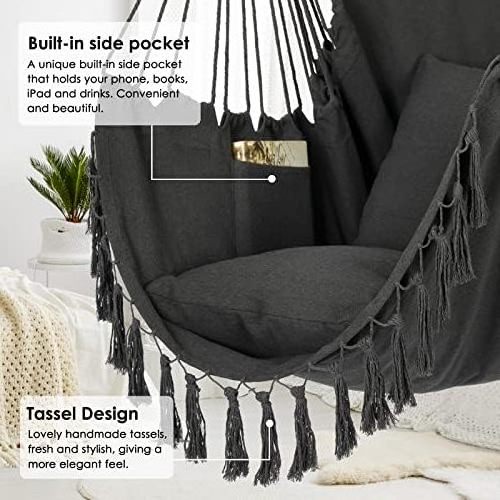 HMK Hammock Chair Hanging Rope Swing Max 500 Lbs 2 Cushions Included Large Macrame Hanging Chair with Pocket Cotton Weave