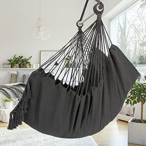 HMK Hammock Chair Hanging Rope Swing Max 500 Lbs 2 Cushions Included Large Macrame Hanging Chair with Pocket Cotton Weave