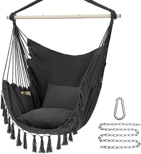 HMK Hammock Chair Hanging Rope Swing Max 500 Lbs 2 Cushions Included Large Macrame Hanging Chair with Pocket Cotton Weave