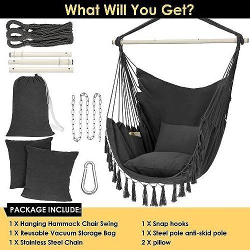 HMK Hammock Chair Hanging Rope Swing Max 500 Lbs 2 Cushions Included Large Macrame Hanging Chair with Pocket Cotton Weave