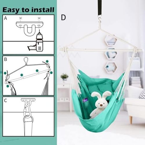 HMK Hammock Chair Hanging Rope Swing Detachable Steel Support Bar Max 330 Lbs Soft Cotton Canvas with 1 Cushion