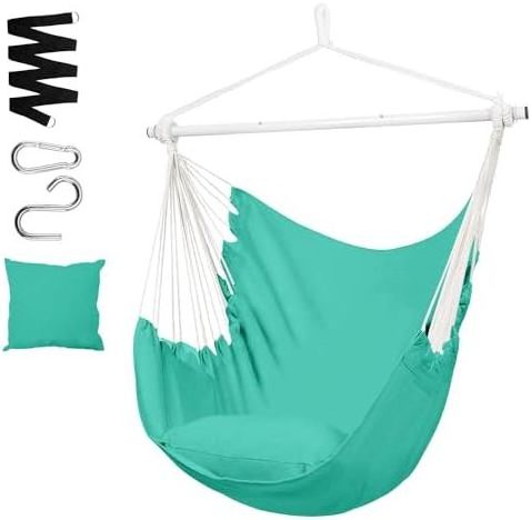 HMK Hammock Chair Hanging Rope Swing Detachable Steel Support Bar Max 330 Lbs Soft Cotton Canvas with 1 Cushion