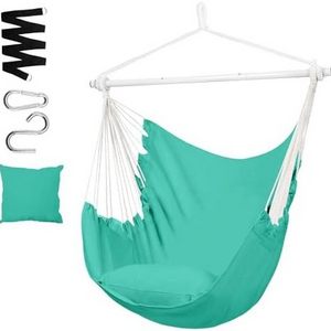 HMK Hammock Chair Hanging Rope Swing Detachable Steel Support Bar Max 330 Lbs Soft Cotton Canvas with 1 Cushion