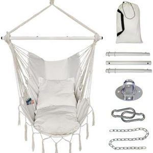 HMK Hammock Chair Hanging Rope Swing Hanging Chair with 2 Cushions Steel Spreader Bar with Anti Rings Max Load 500 Lbs