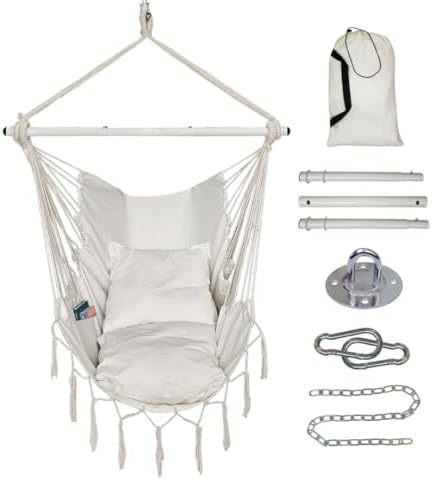 HMK Hammock Chair Hanging Rope Swing Hanging Chair with 2 Cushions Steel Spreader Bar with Anti Rings Max Load 500 Lbs