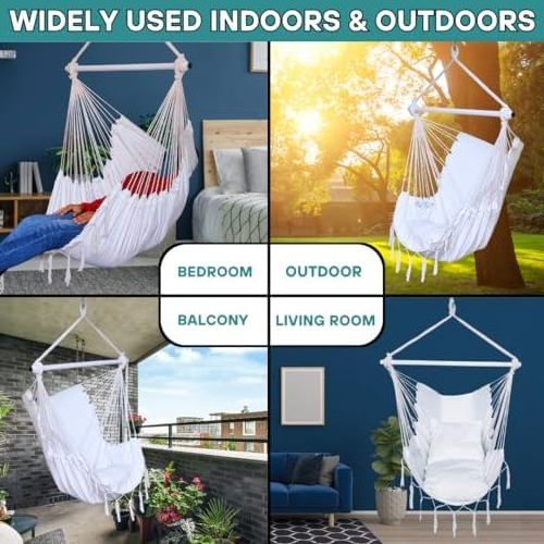 HMK Hammock Chair Hanging Rope Swing Hanging Chair with 2 Cushions Steel Spreader Bar with Anti Rings Max Load 500 Lbs