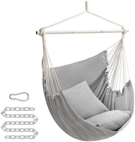 HMK Hammock Chair Large Swing Chair with 2 Cushions Hanging Chair with Chain Load Capacity 330 lb for Indoor Outdoor