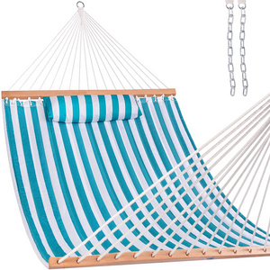 HMK Outdoor Indoor High Quality Blue Stripes Wooden Spreader For Camping  Garden Wood Bar Quilted Hammock