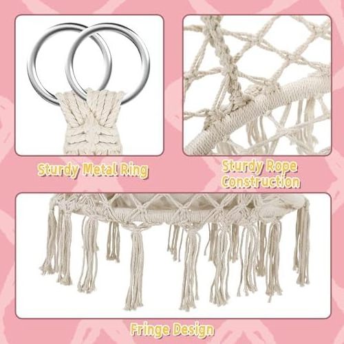 HMK Perfect for Bedroom Porch Adults Balcony Beige Macrame Hammock Hanging Swinging Rope Chair with Medium Cushion