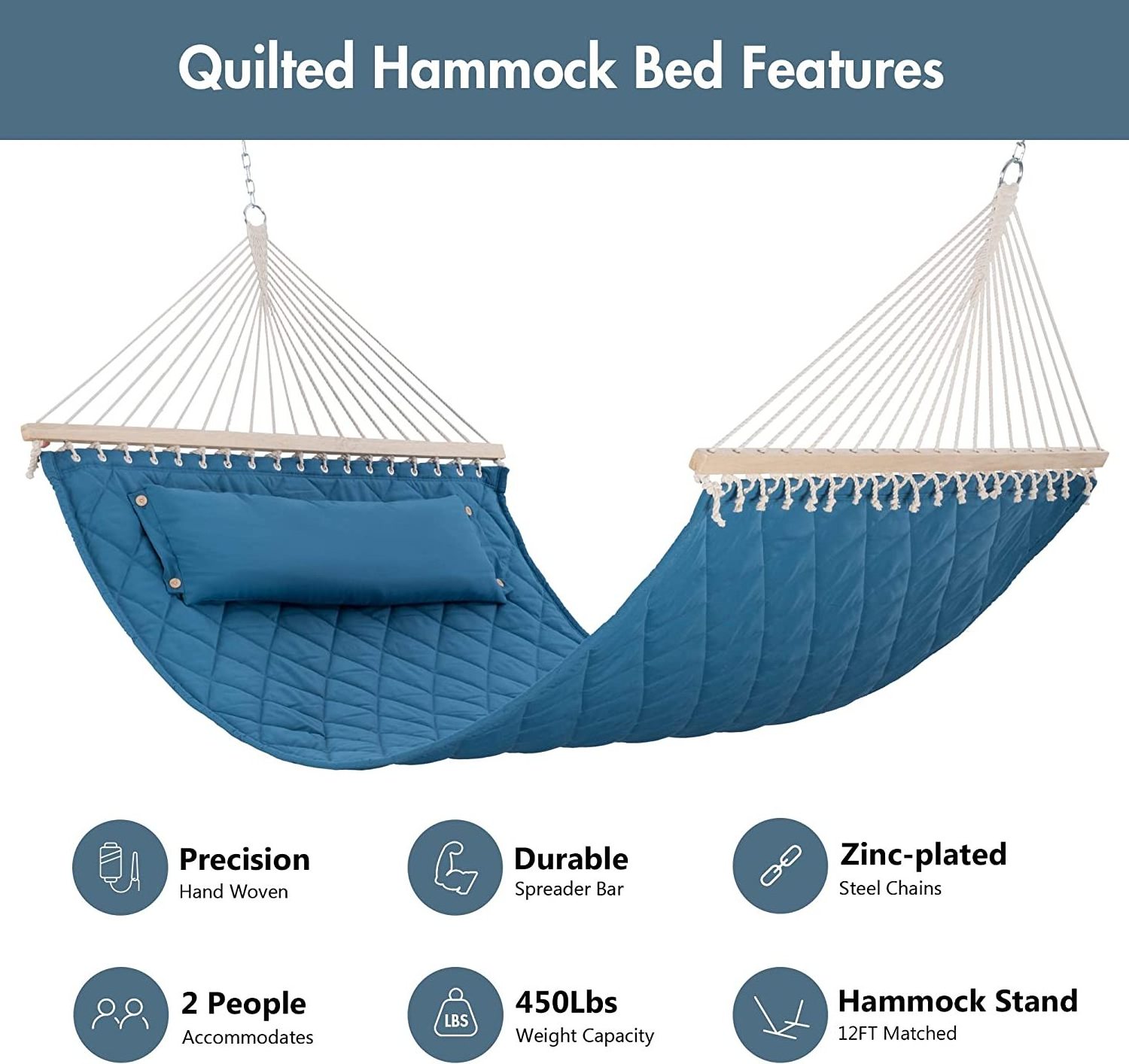 HMK Padded Double Hammock Quilted Hammock Swing Bed with Detachable Curved Spreader Bars Pillow patio hammock