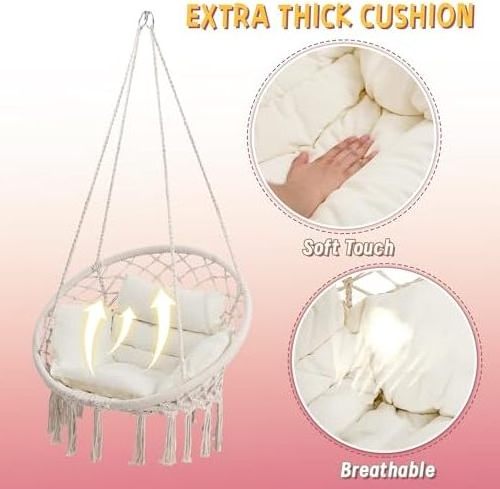 HMK Perfect for Bedroom Porch Adults Balcony Beige Macrame Hammock Hanging Swinging Rope Chair with Medium Cushion