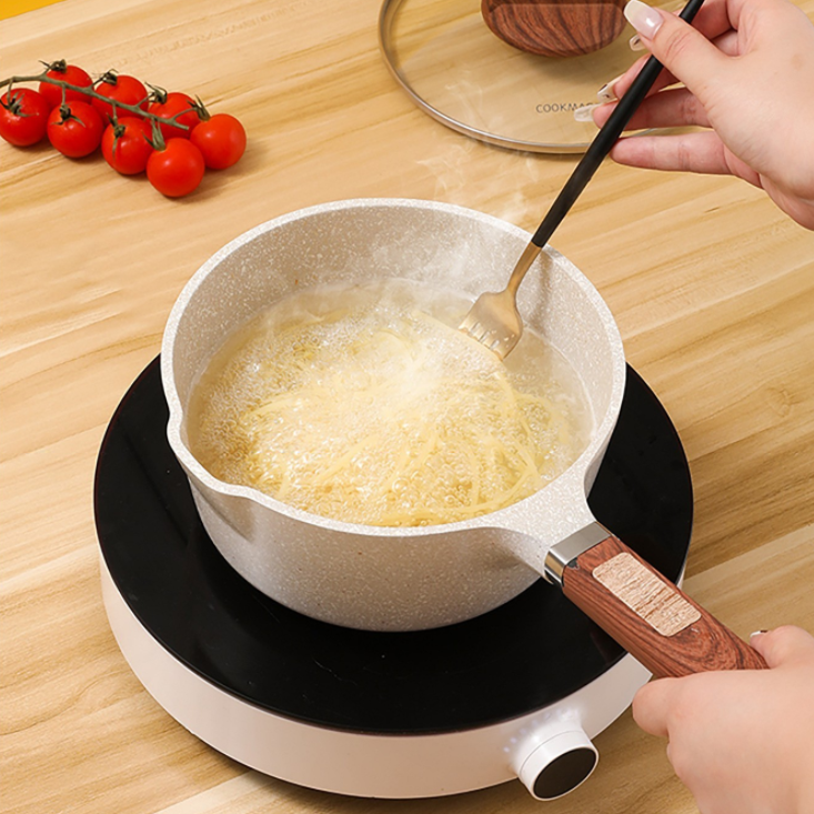 Milk Pot Pan with Spout Nonstick Multifunctional Sauce Pot  Aluminum Cooking Pot With Wooden Silicone Handle