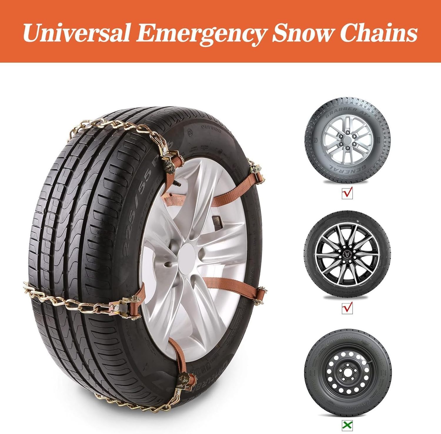 Universal emergency snow chain for passenger cars  off-road vehicles  light-trucks tire chains