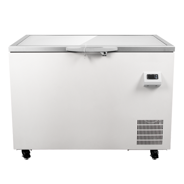 Glass door high quality hot sell 270L capacity -55  seafood Horizontal supermarket ultra deep  chest freezer for storage food