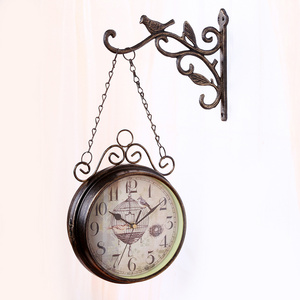 European Vintage Birds on Branch With Design Double Sided Round Hanging Wall Mounted Decor Iron Clock