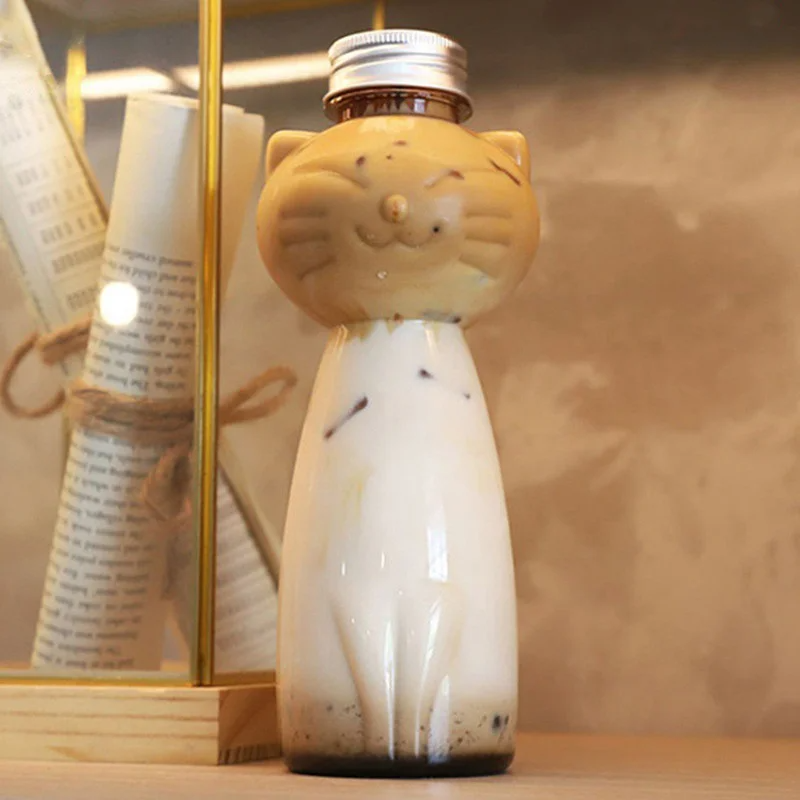 Cute Cat Shape Water Bottles For Milk Tea Coffee Juice Portable Drinking Cup Transparent Juicing Beverage Drink Bottle