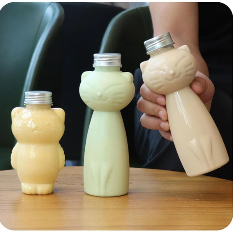 Cute Cat Shape Water Bottles For Milk Tea Coffee Juice Portable Drinking Cup Transparent Juicing Beverage Drink Bottle