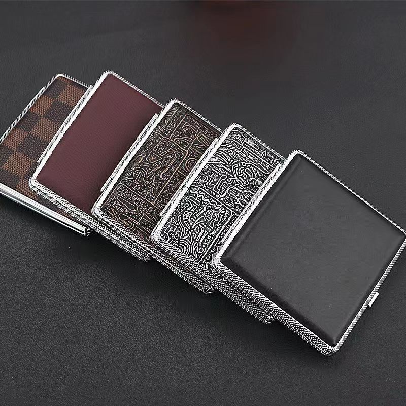 Portable men's creative fashion metal cigarette box case anti-pressure cigarette clip leather cigarette cases