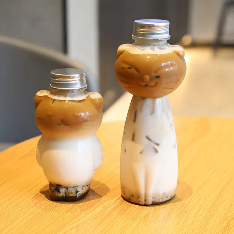 Cute Cat Shape Water Bottles For Milk Tea Coffee Juice Portable Drinking Cup Transparent Juicing Beverage Drink Bottle