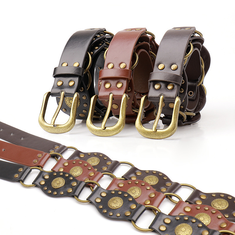 Durable Vintage Studs Girl Punk Style Belt Western Cool Chain Metal Buckle Splicing Wide Belt