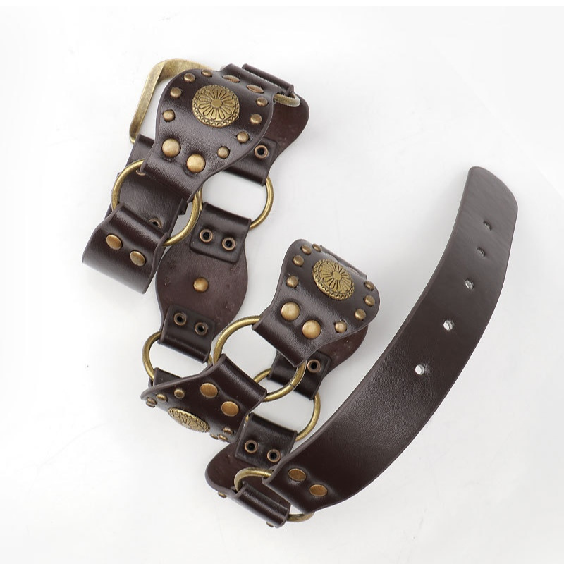 Durable Vintage Studs Girl Punk Style Belt Western Cool Chain Metal Buckle Splicing Wide Belt