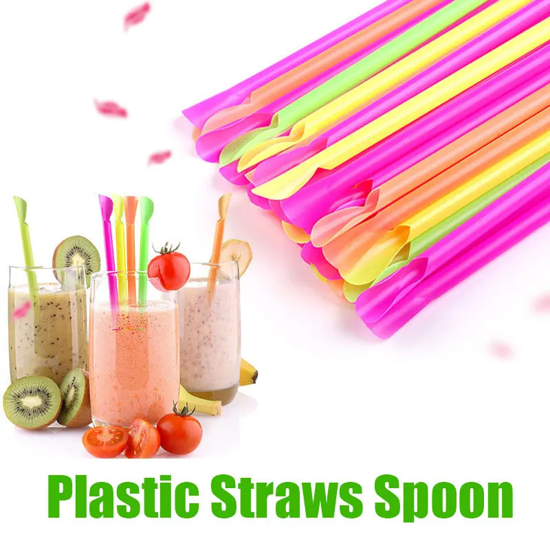 100pcs Plastic Spoon Straws Drinking Beverages Spoon Bar Pub Slush Straw For Birthday Celebration Party Ice Supplies Wholesale