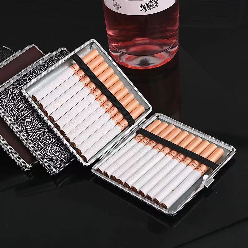 Portable men's creative fashion metal cigarette box case anti-pressure cigarette clip leather cigarette cases