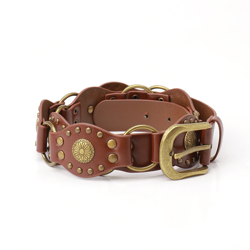 Durable Vintage Studs Girl Punk Style Belt Western Cool Chain Metal Buckle Splicing Wide Belt