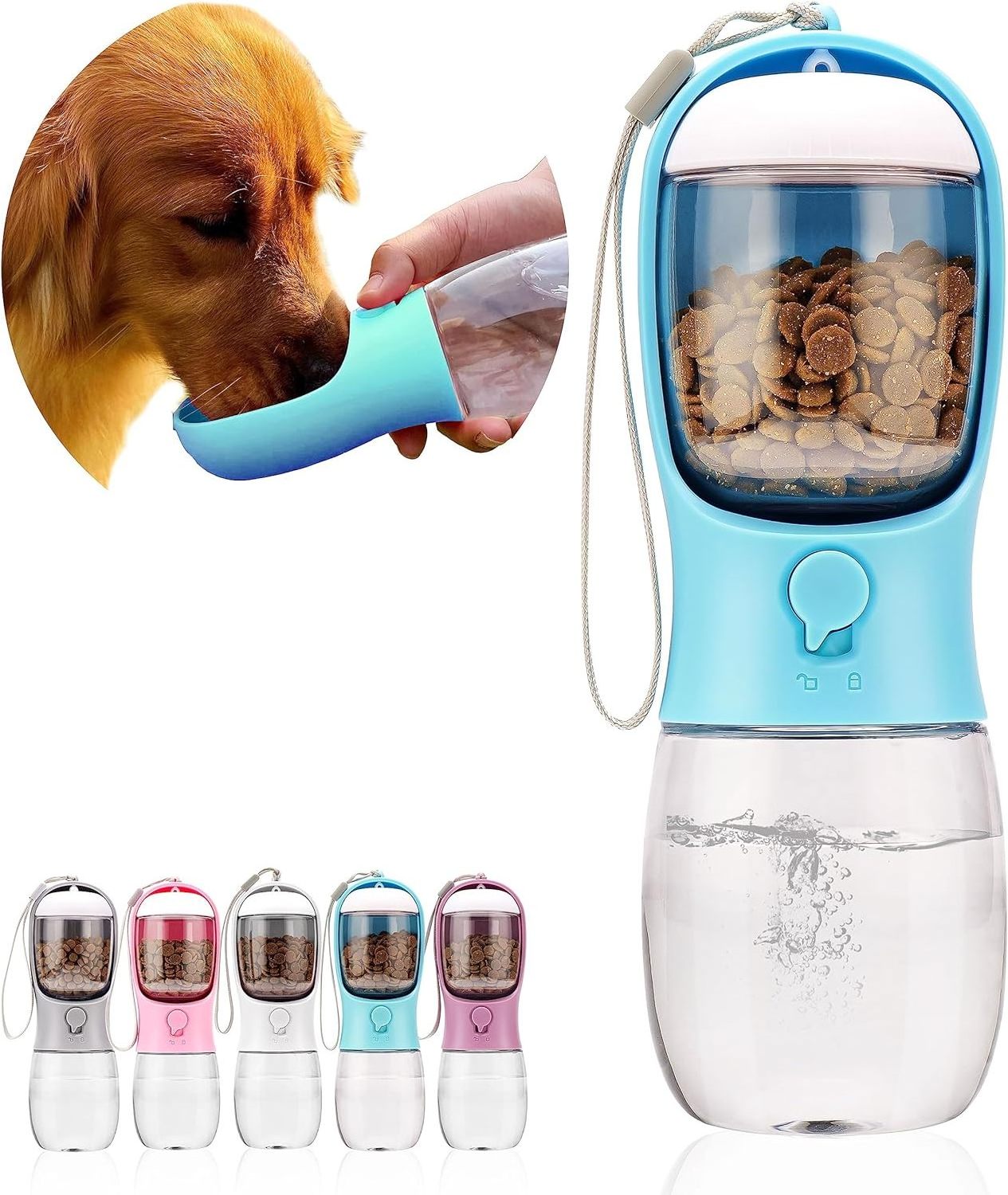 Dog Water Bottle Portable Pet Dog Water Dispenser with Food Container for Outdoor Walking Hiking Travel Replaceable Waste Bags