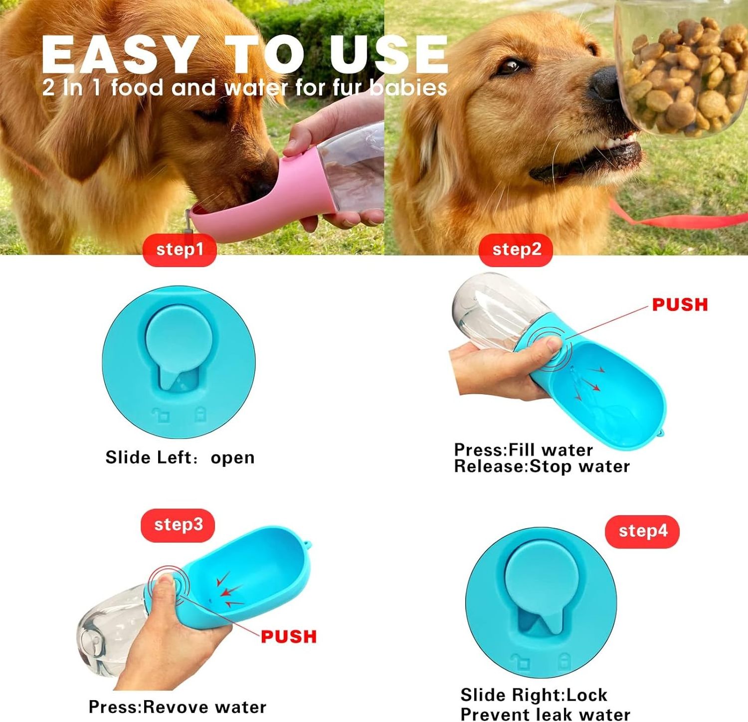 Dog Water Bottle Portable Pet Dog Water Dispenser with Food Container for Outdoor Walking Hiking Travel Replaceable Waste Bags