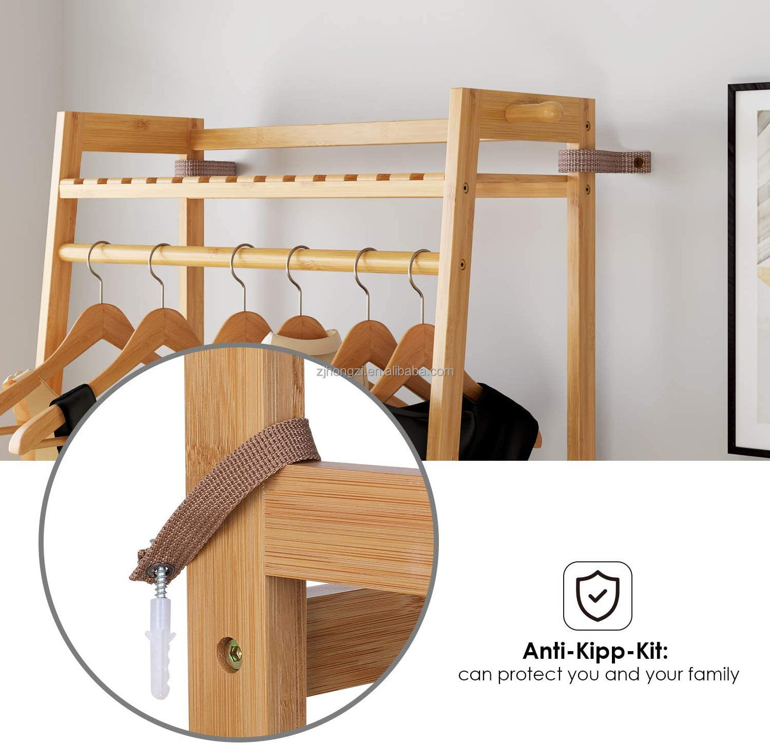 Hanging Heavy Duty Rack with Top Shelf Shoe Clothing Storage Organizer Shelves Wooden Wardrobe