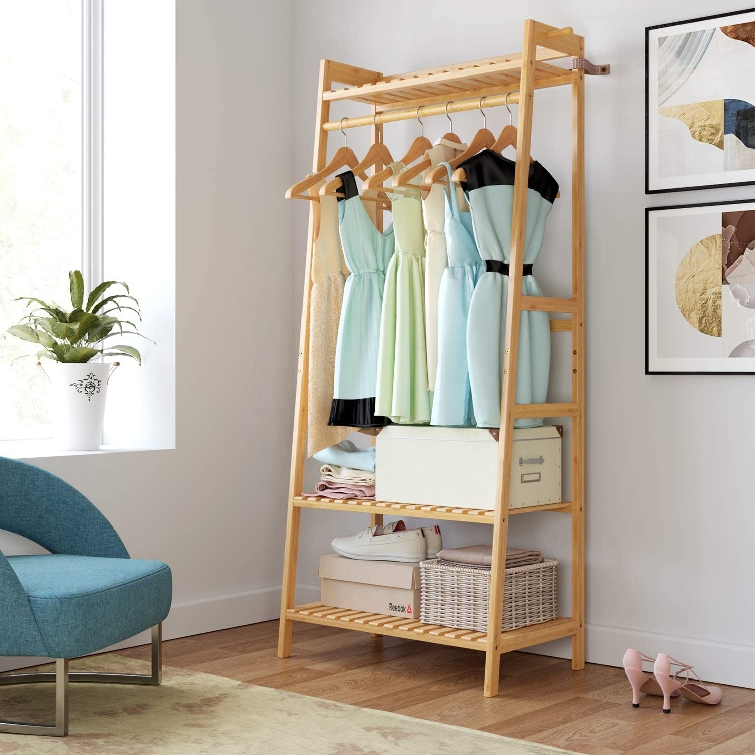 Hanging Heavy Duty Rack with Top Shelf Shoe Clothing Storage Organizer Shelves Wooden Wardrobe