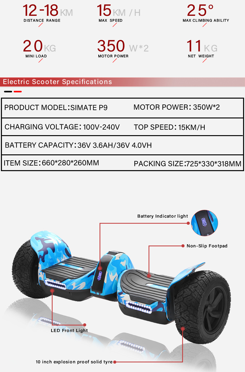 SIMATTE Hot Selling Hoverboard Electric Self Balancing Scooter 2 Wheel Electric Scooter Go Kart for Kids Lithium Battery Unisex