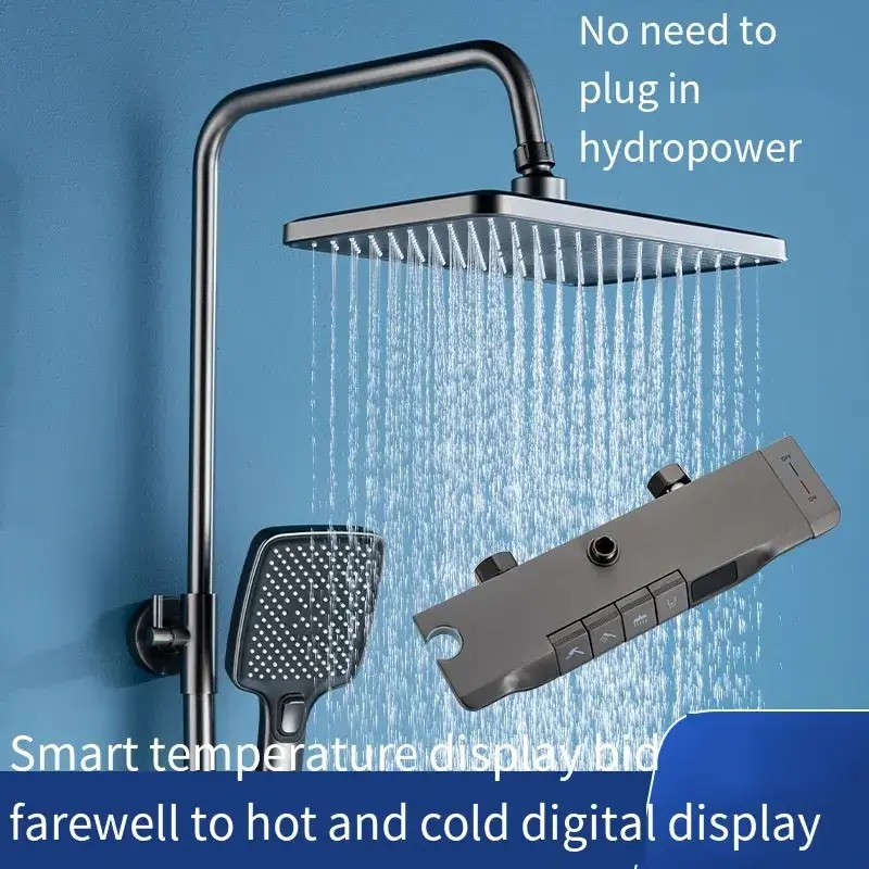 Wall Mounted Brass Shower Set,Gray Bathroom Digital Display Shower System Bathtub Faucet Piano Keys Shower Sets