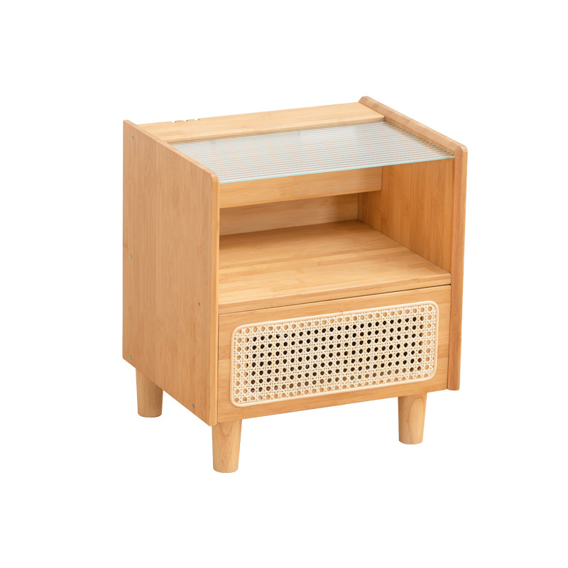 multi-functional bamboo vattan bedside table  bedroom small storage cabinet with sensor light