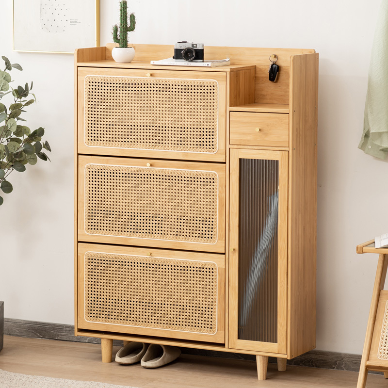 Entryway Furniture 3 Flip Drawer Shoe Cabinet Natural Rattan Shoe Cabinet bamboo Shoe Rack Storage Cabinet