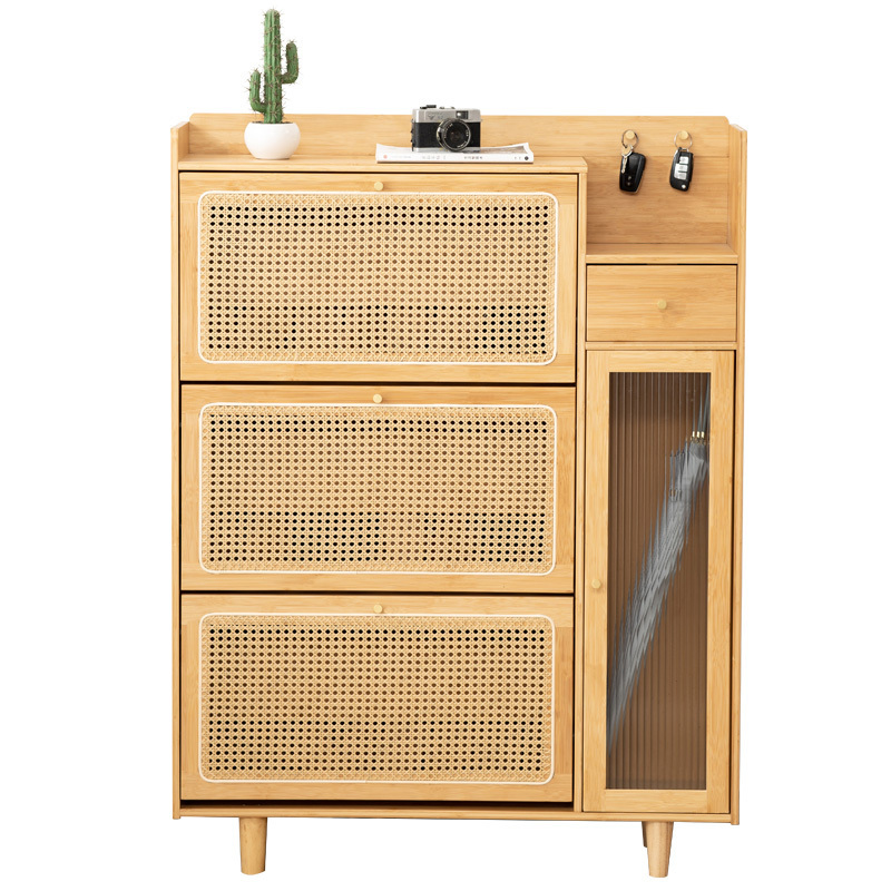 Entryway Furniture 3 Flip Drawer Shoe Cabinet Natural Rattan Shoe Cabinet bamboo Shoe Rack Storage Cabinet