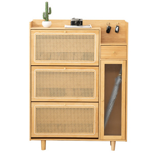 Entryway Furniture 3 Flip Drawer Shoe Cabinet Natural Rattan Shoe Cabinet bamboo Shoe Rack Storage Cabinet