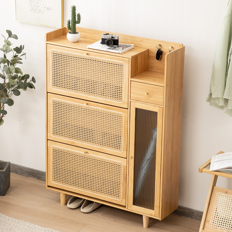 Entryway Furniture 3 Flip Drawer Shoe Cabinet Natural Rattan Shoe Cabinet bamboo Shoe Rack Storage Cabinet