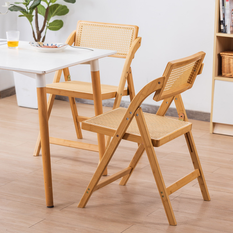 Rattan solid wood frame backrest foldable dining wicker chair